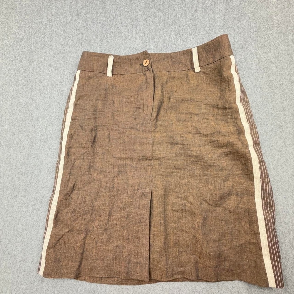 BYE Brown 100% Linen Skirt Contrast Stripe Trim Made in France Size 42 Brown